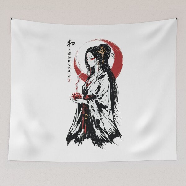 Item preview, Harmony Lotus Maiden | Minimalist Eastern Inspired Art in White, Red and Black designed and sold by MonNoir.