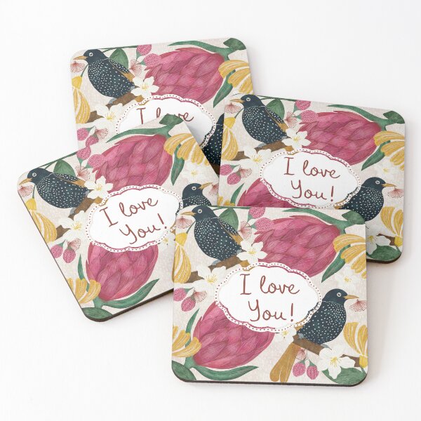 Item preview, I love you- greeting card Birds and Proteas designed and sold by Nuevomundo Arte Designs by Anahí .