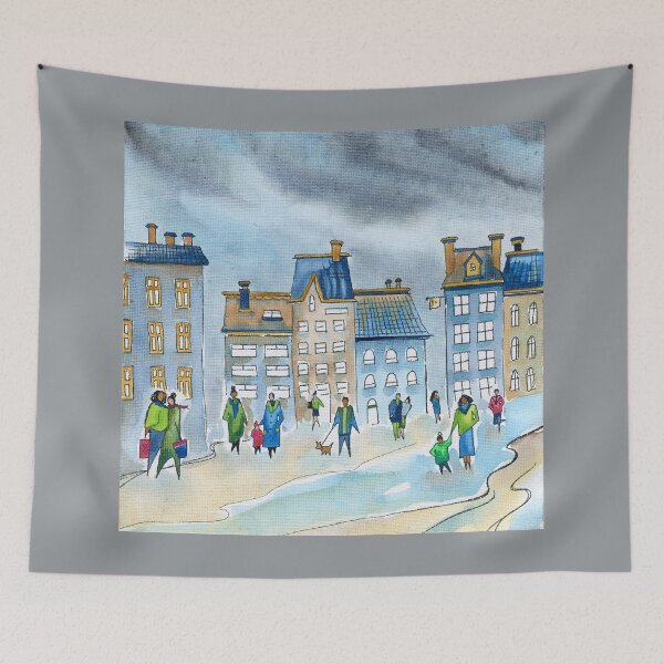 Item preview, Rainy Day in the City – Whimsical European Town Watercolour Painting designed and sold by Cass Harker Studio.
