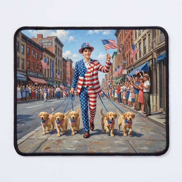 Item preview, Patriotic Teenager Walking His Golden Retriever Puppies designed and sold by Home Decor Art.