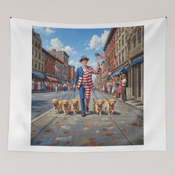 Item preview, Patriotic Teenager Walking His Golden Retriever Puppies designed and sold by Home Decor Art.