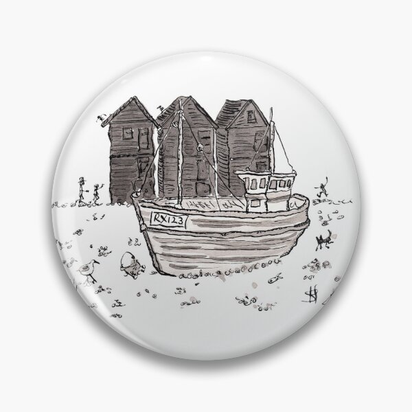 Item preview, Fishing boat in front of net huts in hastings designed and sold by Inky Fingers Illustrations.