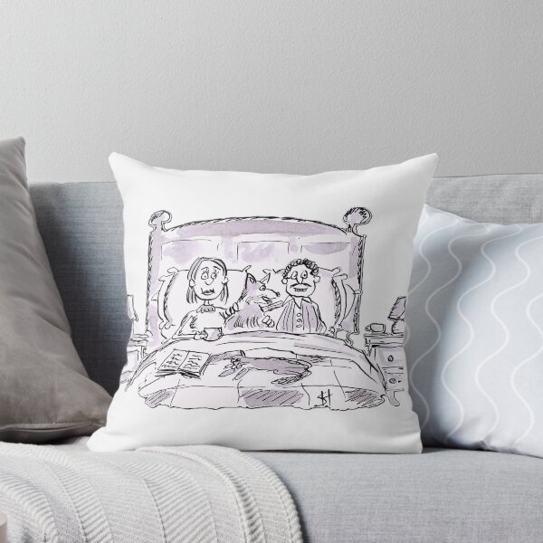 Item preview, couple sitting in bed with the dog and cat designed and sold by Inky Fingers Illustrations.