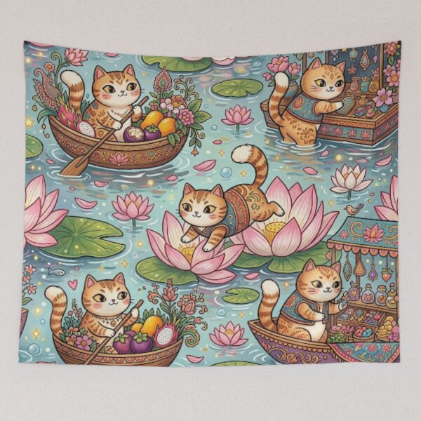 Item preview, Cute Lotus Pond Cats Fantasy Art designed and sold by Iampoji.