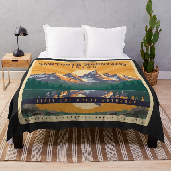 Item preview, Sawtooth Mountains Idaho Vintage Travel Poster | National Recreation Area Outdoor Adventure Design designed and sold by ArcticFoxStudio.