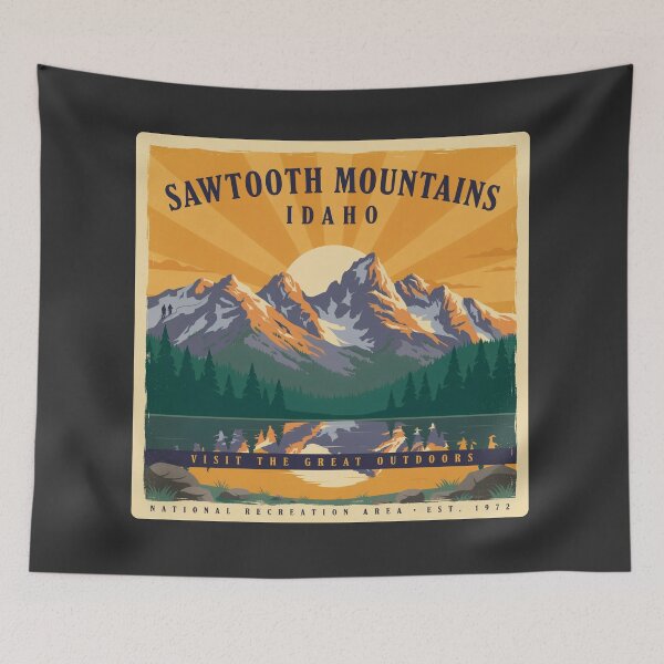 Item preview, Sawtooth Mountains Idaho Vintage Travel Poster | National Recreation Area Outdoor Adventure Design designed and sold by ArcticFoxStudio.