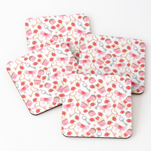 Item preview, Cute watercolor Valentine pattern featuring heart-shaped keys, pink bows, strawberries, cupcakes, and romantic pastel details designed and sold by SashaZinch.