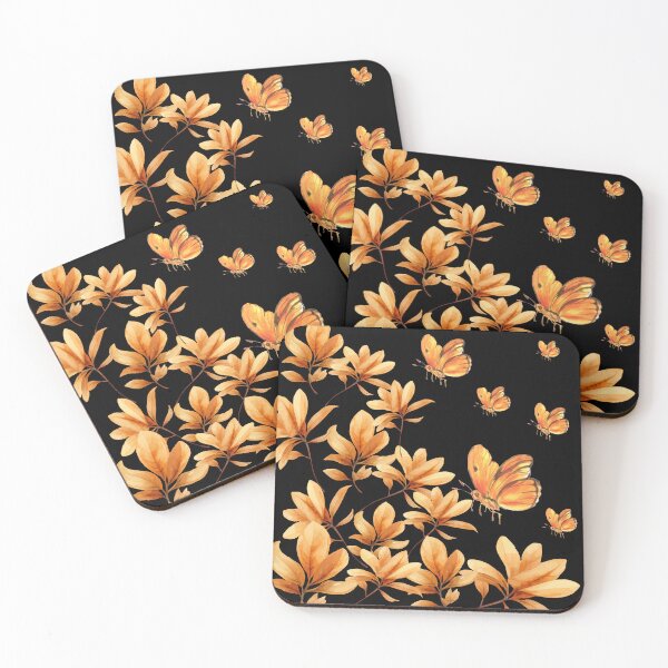 Item preview, Golden Orange Watercolor Butterflies and Leaves Floral Pattern on Black designed and sold by DoodleIntricate.