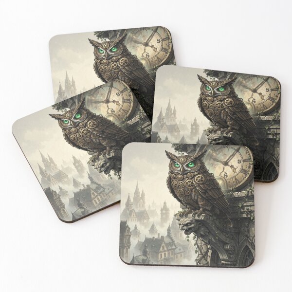 Item preview, Steampunk owl on a tower with clockwork details in a mystical atmosphere and cinematic depth designed and sold by FotoworldEdel.
