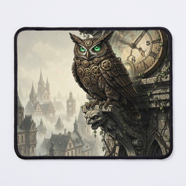 Item preview, Steampunk owl on a tower with clockwork details in a mystical atmosphere and cinematic depth designed and sold by FotoworldEdel.