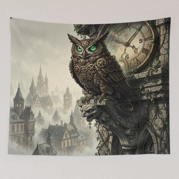 Item preview, Steampunk owl on a tower with clockwork details in a mystical atmosphere and cinematic depth designed and sold by FotoworldEdel.