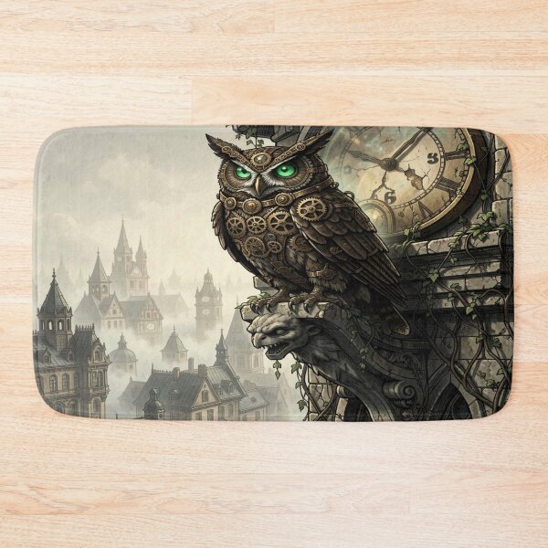Item preview, Steampunk owl on a tower with clockwork details in a mystical atmosphere and cinematic depth designed and sold by FotoworldEdel.