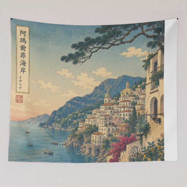 Item preview, Amalfi Coast Ukiyo-e Art Print | Italian Riviera Japanese Woodblock Landscape designed and sold by Vandy Fullam.