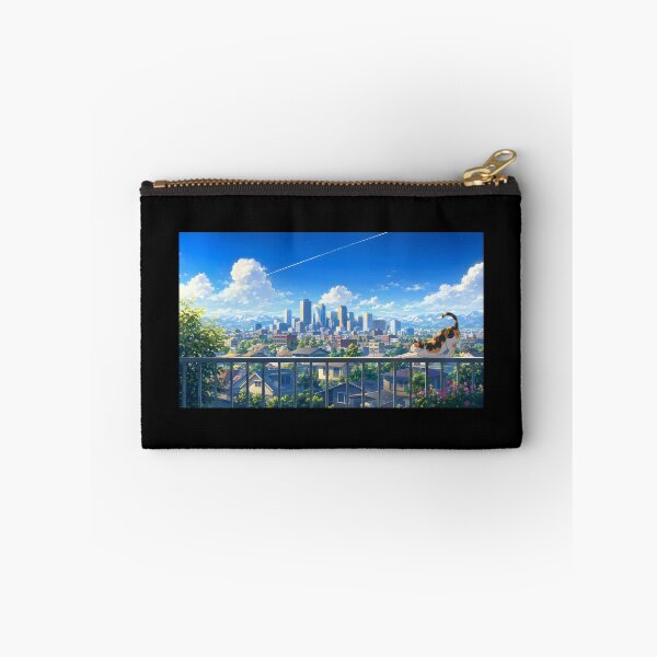 Item preview, Cat stretches on balcony railing overlooking city designed and sold by Moondigger Merch.