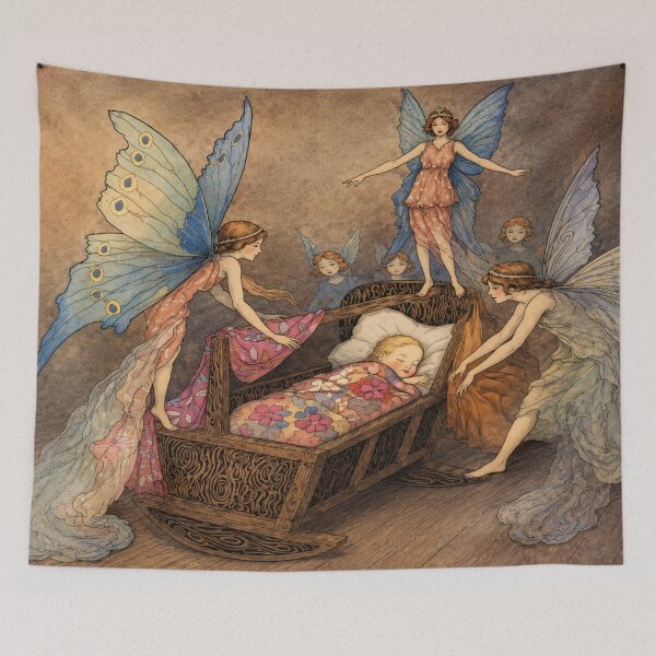 Item preview, Fairies Around a Child in a Rocking Crib - Vintage Fairy Illustration Sleeping Child Art for Whimsical Nursery Decor Lovers designed and sold by RickE.