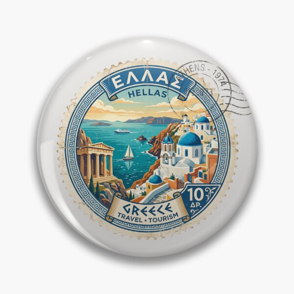 Item preview, Round Vintage Greece Postage Stamp | Santorini Greek Islands Travel Art designed and sold by Timeless Decor.