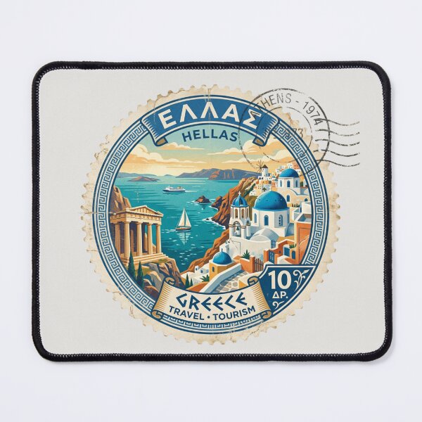 Item preview, Round Vintage Greece Postage Stamp | Santorini Greek Islands Travel Art designed and sold by Timeless Decor.