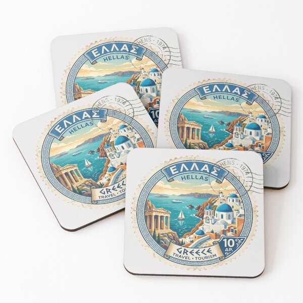 Item preview, Round Vintage Greece Postage Stamp | Santorini Greek Islands Travel Art designed and sold by Timeless Decor.