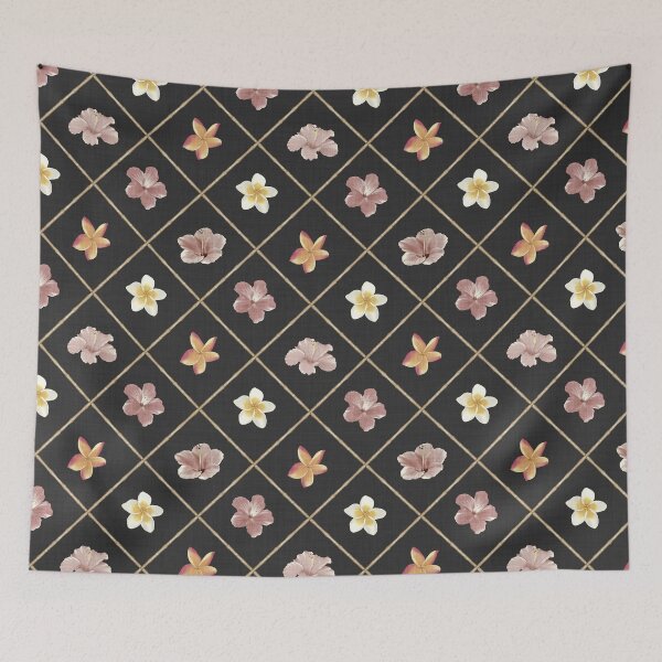 Item preview, Midnight Bamboo Trellis Lattice with Tropical Hibiscus Plumeria Flowers designed and sold by chrisdembinski.