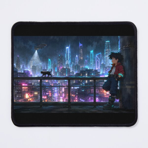 Item preview, Young Boy Against a Rainy Cyberpunk Cityscape designed and sold by Moondigger Merch.