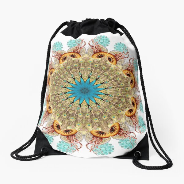 Peacock Jellyfish Mandala Drawstring Bag