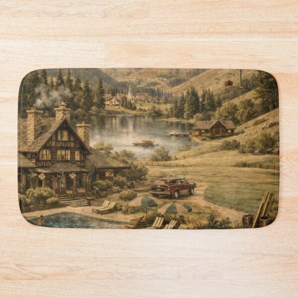 Item preview, Adventure Awaits Vintage Mountain Lodge Landscape | Rustic Cabin & Alpine Lake Art designed and sold by Ve & Co.