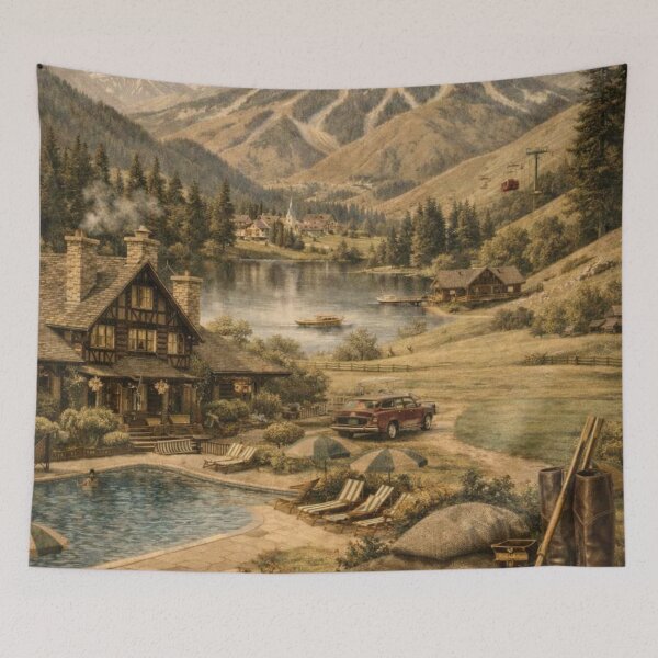 Item preview, Adventure Awaits Vintage Mountain Lodge Landscape | Rustic Cabin & Alpine Lake Art designed and sold by Ve state official.
