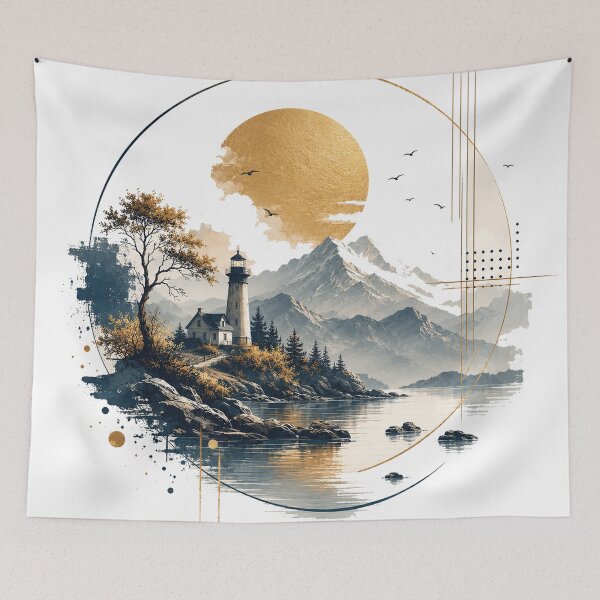 Item preview, Golden Moon light house Lake Geometric Landscape designed and sold by jcsstore.