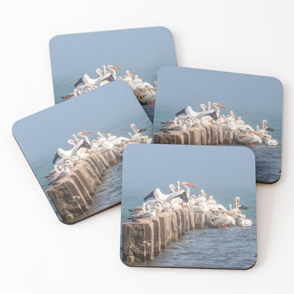 Item preview, Great White Pelicans on jetty on foggy Lake Michigan in Sheboygan  designed and sold by TerraMediaLLC.