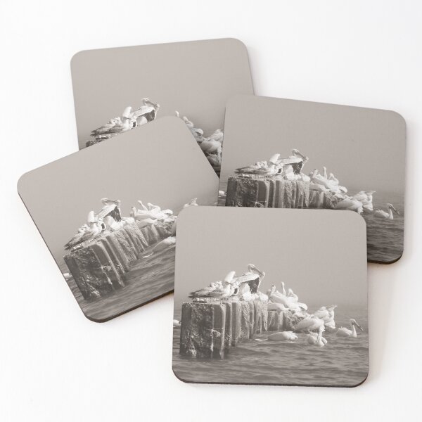 Item preview, Great White Pelicans on jetty on foggy Lake Michigan in Sheboygan in sepia designed and sold by TerraMediaLLC.