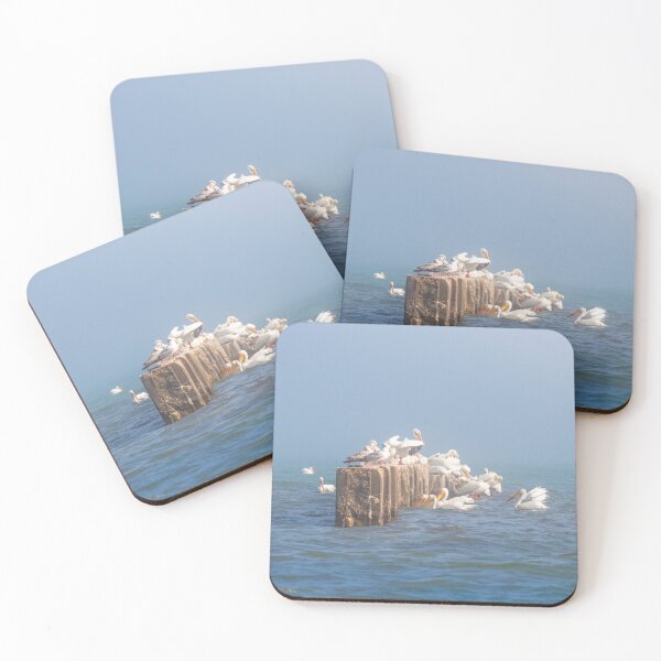 Item preview, Great White Pelicans on misty jetty on Lake Michigan in Sheboygan  designed and sold by TerraMediaLLC.