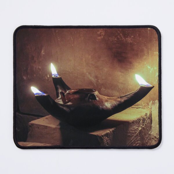 Item preview, Ancient Clay Oil Lamp With Three Flames on Stone Shelf in Warm Candlelight Ambience designed and sold by Nmallia.