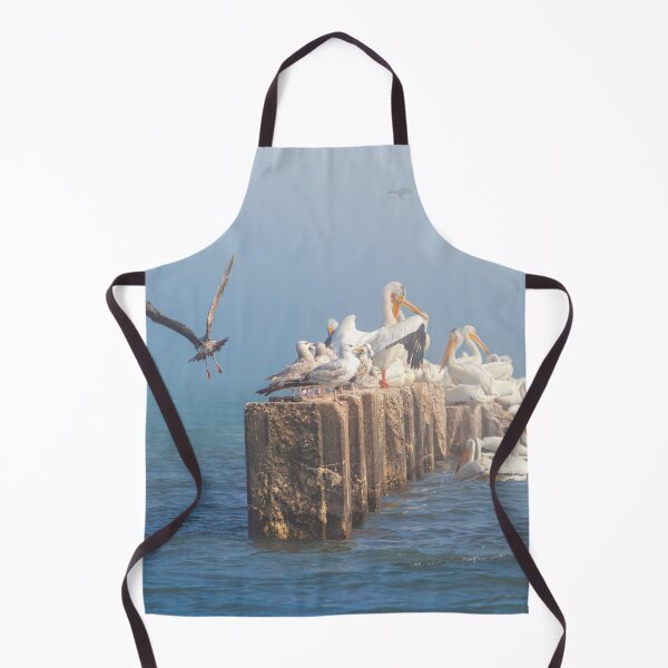 Item preview, Great White Pelicans and gulls on misty jetty on Lake Michigan in Sheboygan designed and sold by TerraMediaLLC.