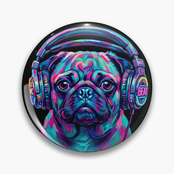 Item preview, Pop Art Pug with Headphones - Neon Colorful DJ Dog designed and sold by Pfotenfaden.