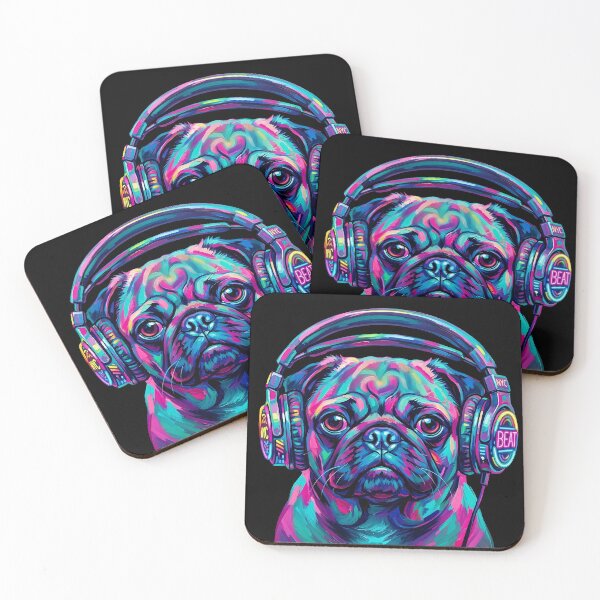Item preview, Pop Art Pug with Headphones - Neon Colorful DJ Dog designed and sold by Pfotenfaden.
