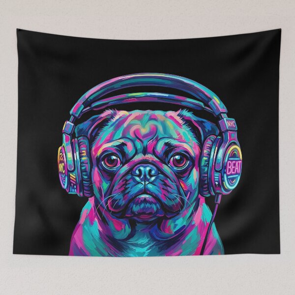 Item preview, Pop Art Pug with Headphones - Neon Colorful DJ Dog designed and sold by Pfotenfaden.