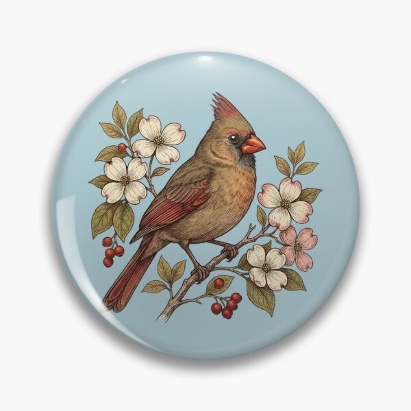 Item preview, Vintage Female Northern Cardinal Dogwood Blossoms Illustration designed and sold by BirdsnStuff.