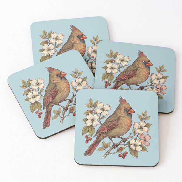 Item preview, Vintage Female Northern Cardinal Dogwood Blossoms Illustration designed and sold by BirdsnStuff.