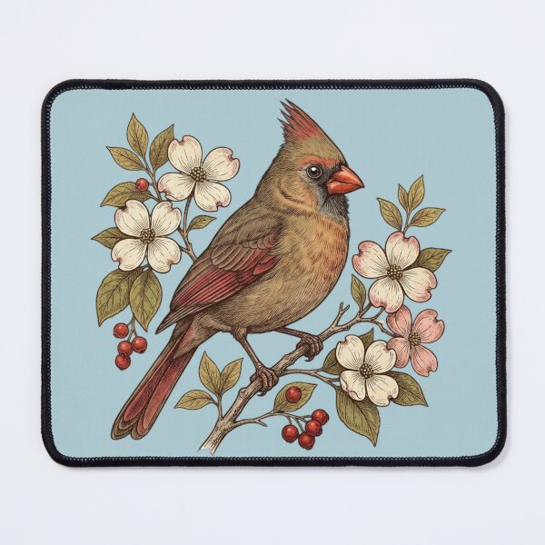 Item preview, Vintage Female Northern Cardinal Dogwood Blossoms Illustration designed and sold by BirdsnStuff.