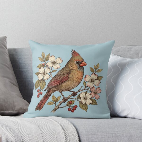 Item preview, Vintage Female Northern Cardinal Dogwood Blossoms Illustration designed and sold by BirdsnStuff.
