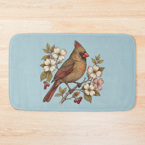 Item preview, Vintage Female Northern Cardinal Dogwood Blossoms Illustration designed and sold by BirdsnStuff.