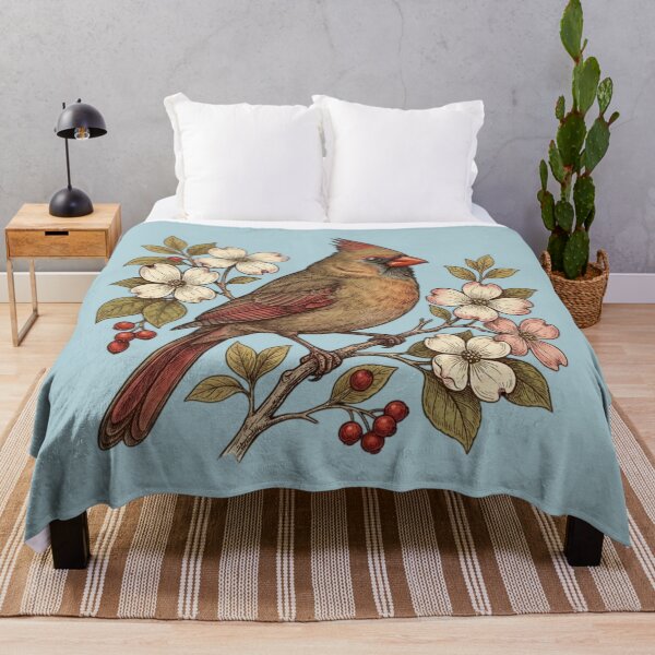 Item preview, Vintage Female Northern Cardinal Dogwood Blossoms Illustration designed and sold by BirdsnStuff.