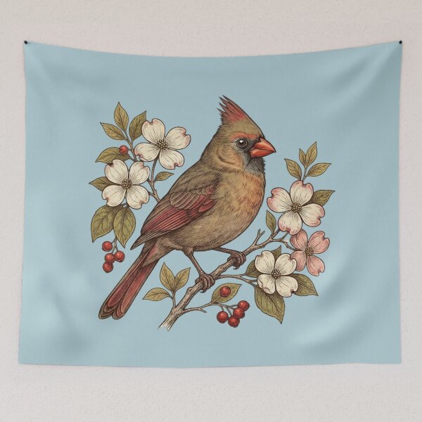 Item preview, Vintage Female Northern Cardinal Dogwood Blossoms Illustration designed and sold by BirdsnStuff.