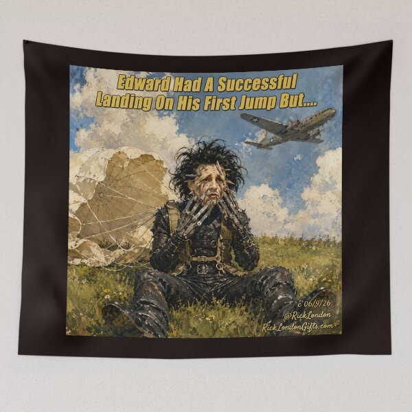 Item preview, Edward Scissorhands’ First Parachute Landing – Funny Cartoon designed and sold by Rick London Gifts.