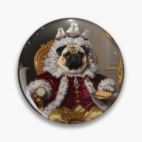 Item preview, Regal Pug King Portrait in Royal Robes Seated on Ornate Golden Throne Wearing Ship Wig designed and sold by LisaMise.