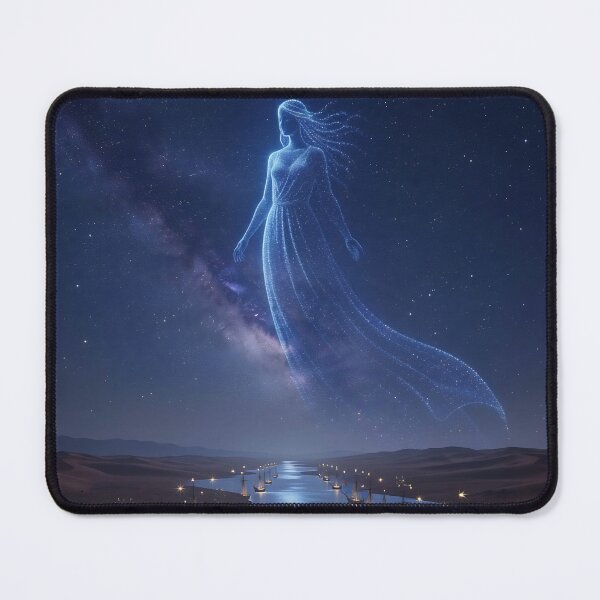 Item preview, Celestial Star Goddess Over Night River With Sailing Ships Crossing a Desert Under the Milky Way designed and sold by LisaMise.
