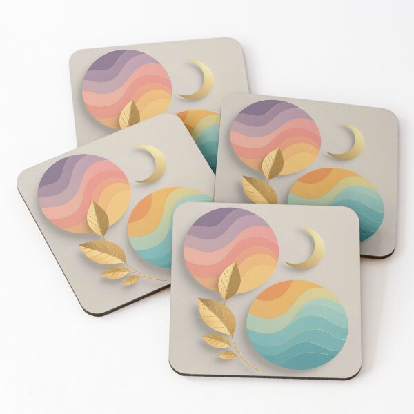 Item preview, Abstract Celestial Composition With Pastel Sunset and Ocean Circles, Gold Leaves and Crescent Moon Wall Art designed and sold by LisaMise.