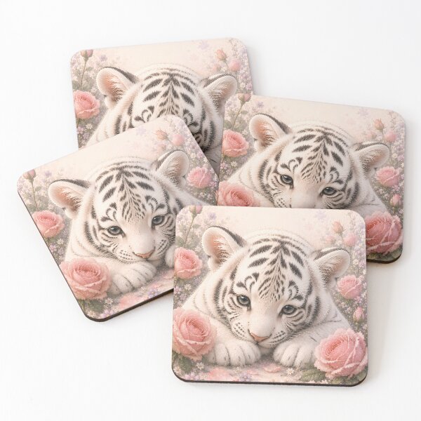 Item preview, Cute White Tiger Cub Among Soft Pink Roses designed and sold by ManJiangHong.