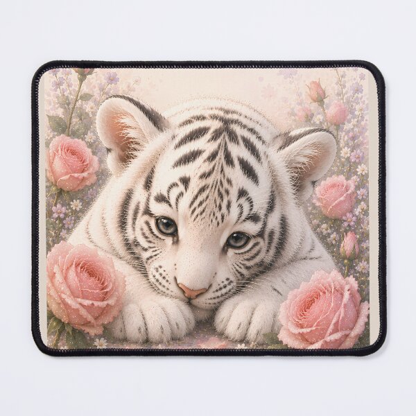 Item preview, Cute White Tiger Cub Among Soft Pink Roses designed and sold by ManJiangHong.