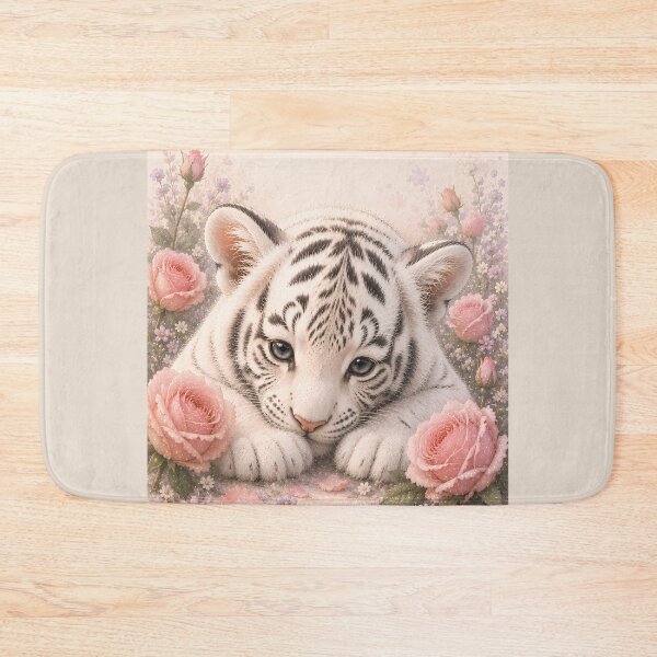 Item preview, Cute White Tiger Cub Among Soft Pink Roses designed and sold by ManJiangHong.